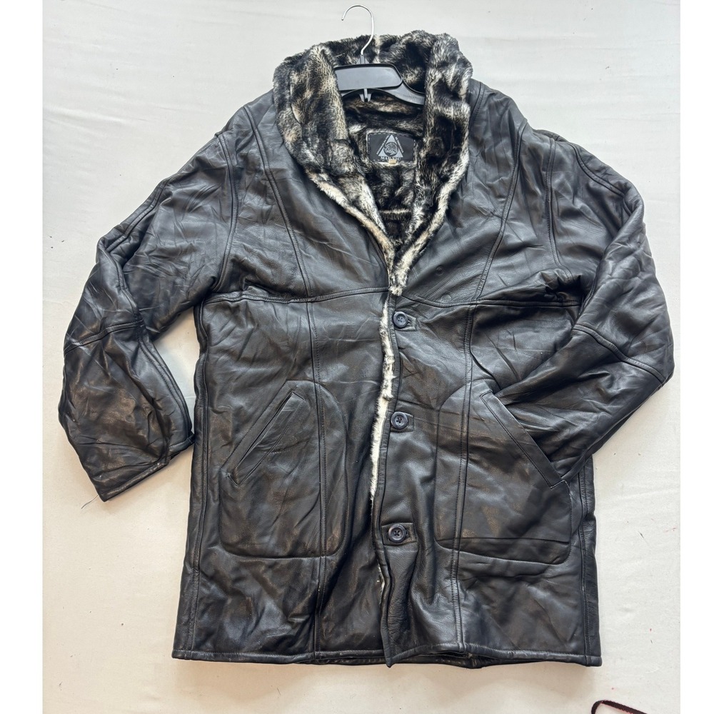 Mar-Vic Mens Black Leather Faux Fur Lined Coat Jacket Animal Print Trim Size M